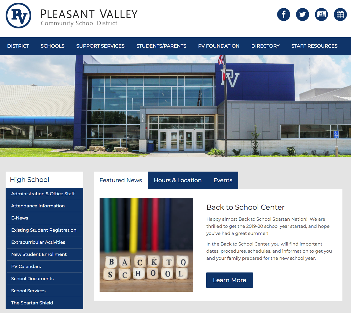Pleasant Valley Community School District website by SchoolNow
